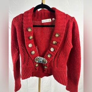 Anthropologie Charlie And Robin Red Wool Cropped Button Cardigan Wood Buttons Sm